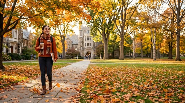 A student walks along a path in a college campus. There are orange and yellow leaves on the ground. It is afternoon and the sky is clear