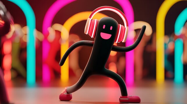 3D character with headphones dancing at a neon party