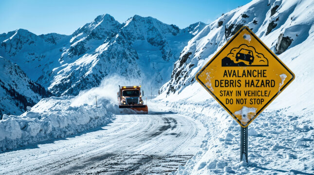 Avalanche warning sign snowplow snow road mountain hazard caution, yellow roadside notice beside icy alpine pass with winter service vehicle