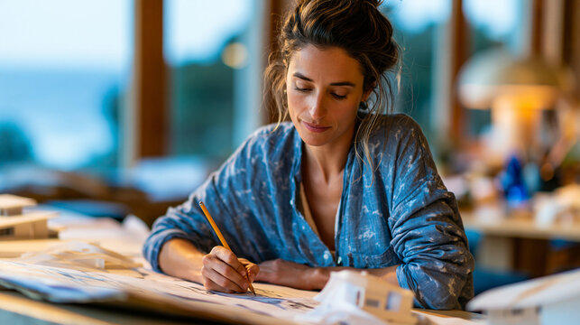 A candid documentary-style photo of an Argentinian female architect working softly at a large drafting desk covered in blueprints and scale models in a bright Buenos Aires design s