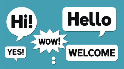 Speech Bubble Greeting Collection with Hello, Hi, Welcome, Yes and Wow Messages, Modern Communication Concept Illustration for Social Media, Marketing and Customer Engagement  © VectorCraze