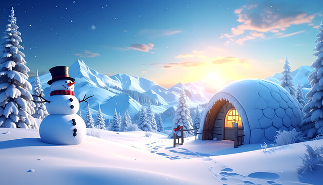 Pixel art winter landscape with a snowman and igloo at sunset, snowy mountains and pine trees, festive holiday atmosphere