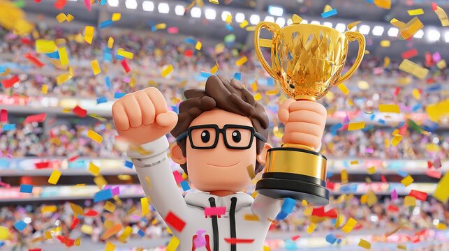 Cartoon character celebrates winning a golden trophy amid falling confetti