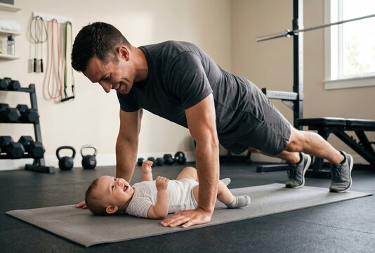 Happy father exercising with his baby on a yoga mat during a home workout, combining fitness and family time