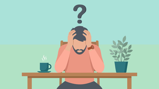 Confused man with question mark above head, stressed and contemplating a problem