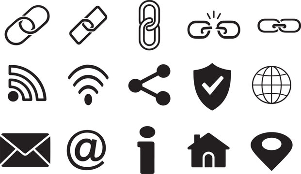 Internet URL link icon set with chain, attach and webpage symbols. Simple vector icons for web UI.