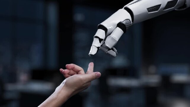 A modern representation of business to consumer interaction featuring a robotic hand reaching toward icons that symbolize various aspects of digital commerce and technology. Synapse