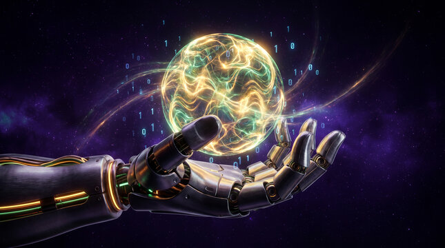 Futuristic robot hand holding a quantum neural sphere with golden energy streams, symbolizing artificial intelligence, deep learning, machine learning innovation, and advanced futuristic technology.
