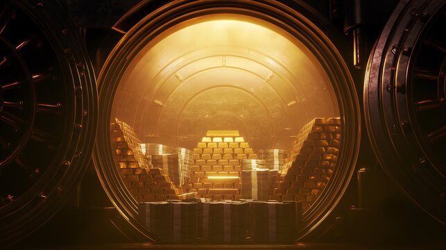 Dramatic open casino vault filled with stacked gold bars and bundled cash