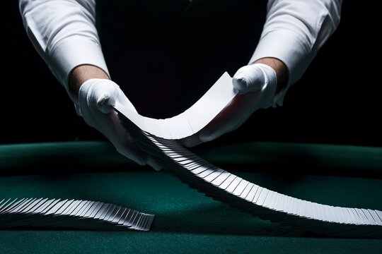 Elegant casino dealer hands in white gloves performing perfect card shuffle