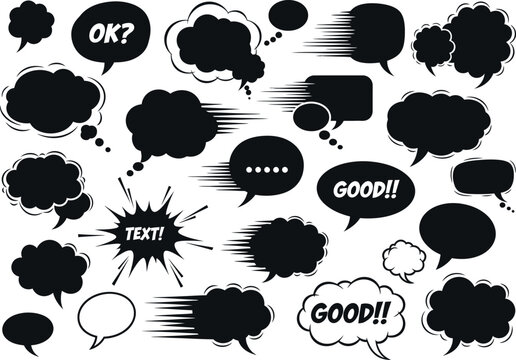 Diverse collection of black comic book speech bubbles and thought balloons isolated on transparent background