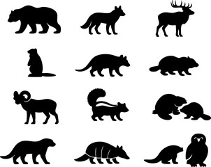 Fototapeta premium Wild Forest Animals Silhouette Vector Set with Bear Elk Wolf Beaver and Owl