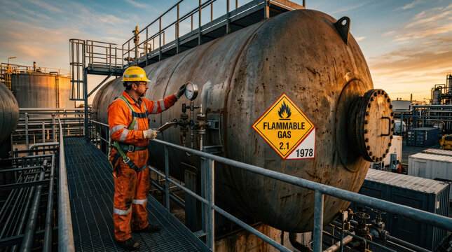Gas tank warning flammable worker industrial safety refinery hazard sign on large storage vessel with inspection technician at sunset