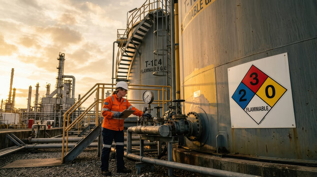 Gas tank warning diamond worker flammable industrial gas tank with hazard diamond, worker inspecting pipe valve, safety equipment, refinery site, sunset light