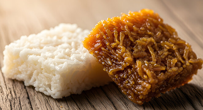 Traditional Brazilian Coconut Candy Cocada on Rustic Wooden Board