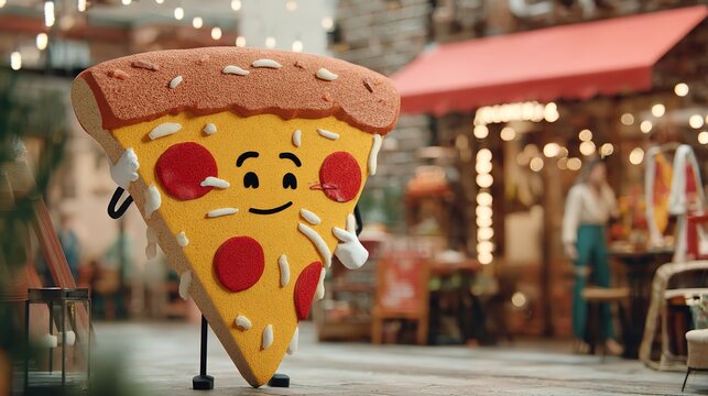 Animated pizza slice character standing outdoors in a city street with blurred background