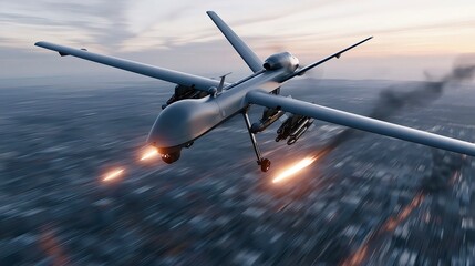 Naklejka premium Military drone firing missiles at targets over urban area