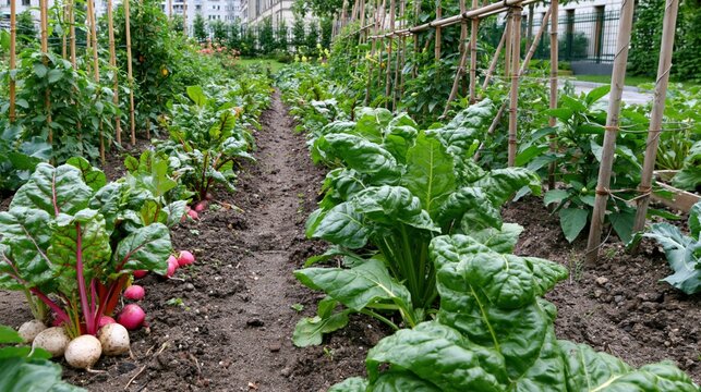 Lush Urban Community Garden with Rows of Vibrant Vegetables and Supports