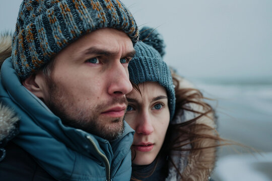 People Freezing at the Seaside During Cold Winter Vacation with Snow on Beard and Face Generative AI