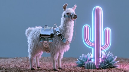 Obraz premium Futuristic Llama Wearing Metallic Gear Beside Neon Desert Cactus