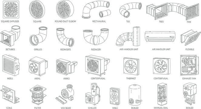 HVAC system components including fans ducts elbows reducers diffusers and air handlers vector illustration