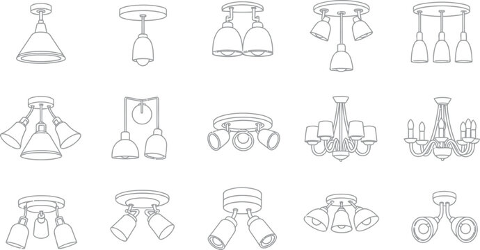 Professional set of decorative and functional ceiling lighting fixtures for architectural floor plans and electrical design layouts isolated on white background