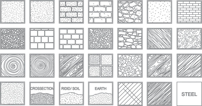 Comprehensive library of soil earth and structural material cross section patterns for foundation and ground work architectural drafting isolated on white