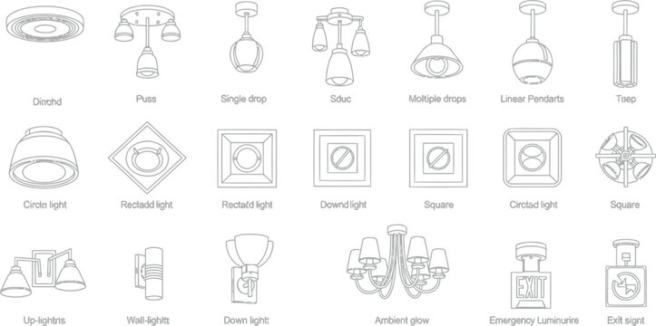 Detailed library of interior lighting icons including spotlights downlights and emergency exit signage for electrical engineering plans isolated on white