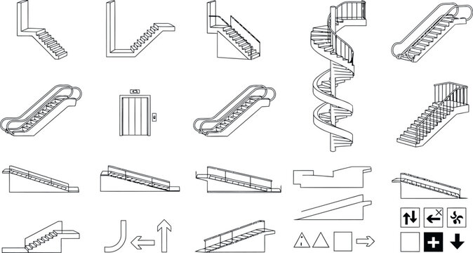 Comprehensive collection of vertical circulation elements including stairs escalators and elevators as technical vector line art for architectural planning on white background