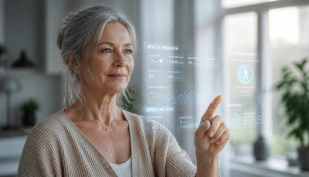 Warm Lifestyle Portrait of 65 Year Old Woman Reviewing Holographic Medical Dashboard With Soft Morning Light in Minimal Home AI Generated