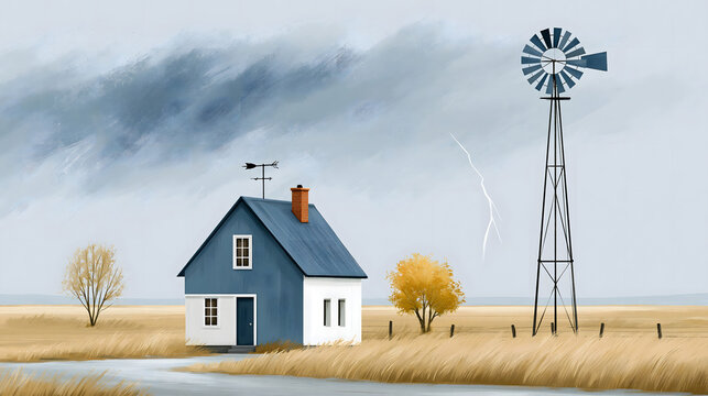 realistic storm season landscape with dramatic sky, lightning strike and rural farming environment