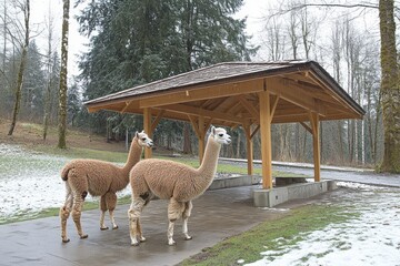 Naklejka premium rural alpaca farm scene grazing animals near wooden shelter and grass field