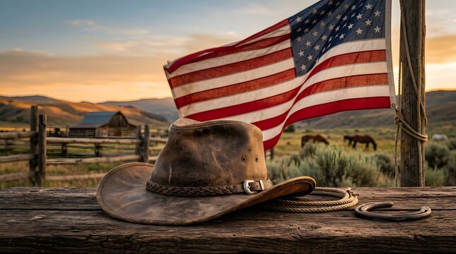 American flag and cowboy hat on fence.