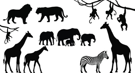Collection of black silhouette safari animals and monkeys on white background, lion tiger © Graphic Shops