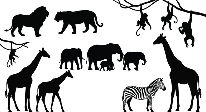 Collection of black silhouette safari animals and monkeys on white background, lion tiger
