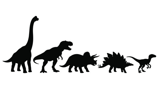 Five distinct black dinosaur silhouettes, including a long-necked sauropod, t-rex, triceratops, stegosaurus, and