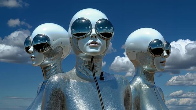 Futuristic chrome silver alien cyborgs with white helmets and large reflective sunglasses