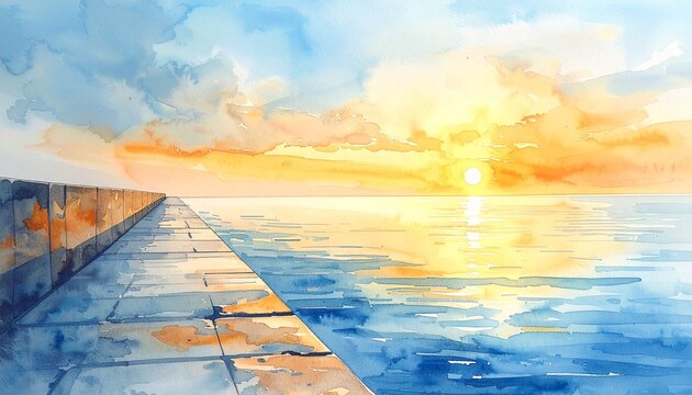 朝日の防潮堤と希望を描く水彩背景