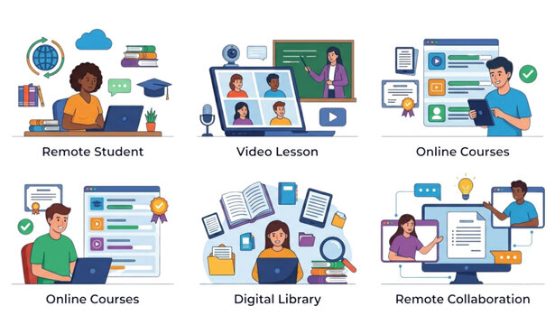 Online Course and Distance Learning Banner Set with Digital Education Concepts