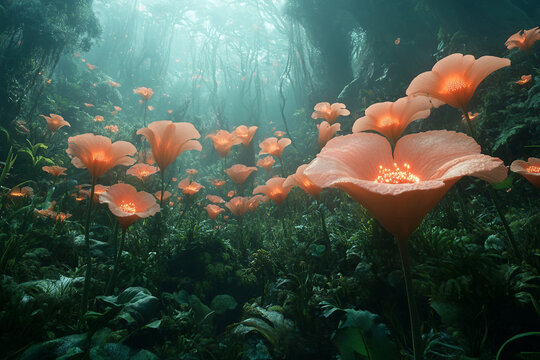 Glowing alien plants nature fantasy landscape on fictional extraterrestrial world planet generative ai