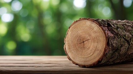 Obraz premium Rustic Wooden Log with Growth Rings on Textured Tabletop with Soft Green Bokeh Background