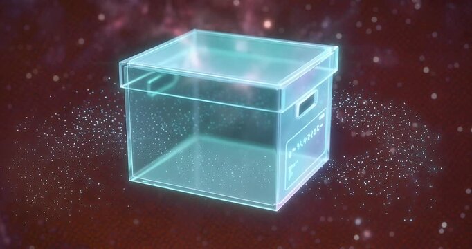 Futuristic glowing translucent digital archive box hologram against a dark starry background.