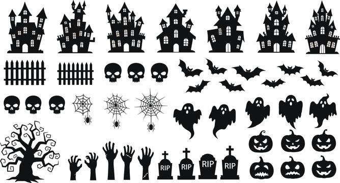 Halloween silhouette illustration set with haunted houses bats skulls ghosts and graveyard designs, artwork vector element for spooky, horror, and festive graphic design