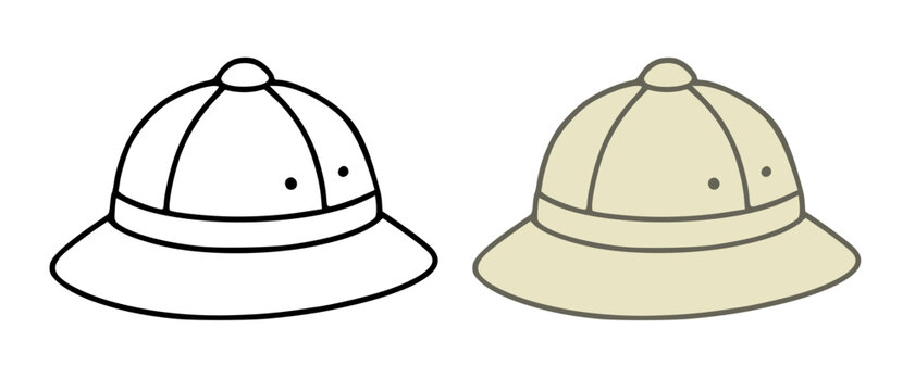 Pith helmet minimalist icon, in line art and colored design, transparent background