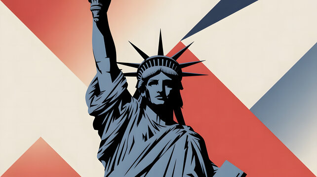 Iconic Statue of Liberty Illustrative Design with Geometric Background in Red, White, and Blue