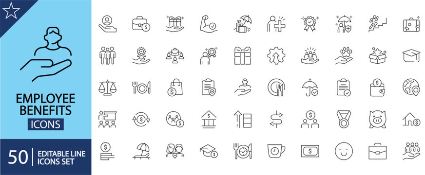 Employee benefits icons set. Includes symbols of insurance, healthcare, retirement plans, paid leave, wellness programs, rewards, and compensation. Editable stroke. Vector illustration. Outline icons.