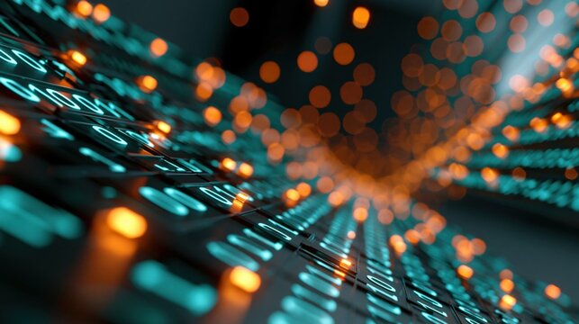Abstract Digital Network Flow of Data and Information with Glowing Orange and Teal Lights
