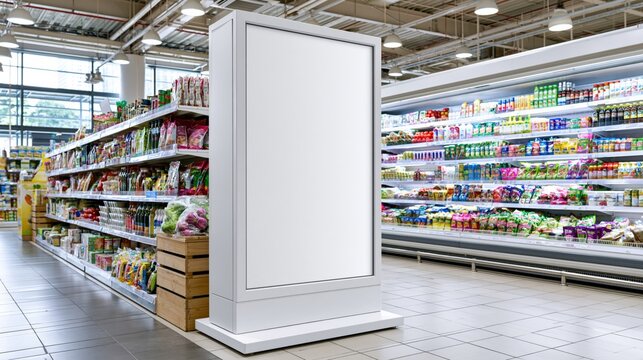 Blank digital display screen in a supermarket aisle surrounded by products on shelves and refrigerators