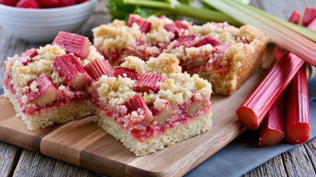 Delicious Homemade Rhubarb Crumble Bars with a Buttery Shortbread Crust and Sweet Topping on Wooden Board