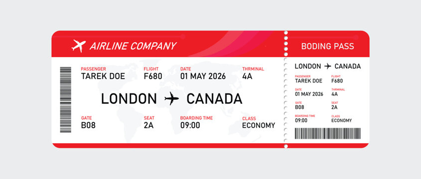 Red and white airline boarding pass for london to canada flight ticket red and white color scheme